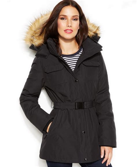 michael michael kors faux fur trim belted down coat|michael michael kors hooded faux fur trim belted down puffer coat.